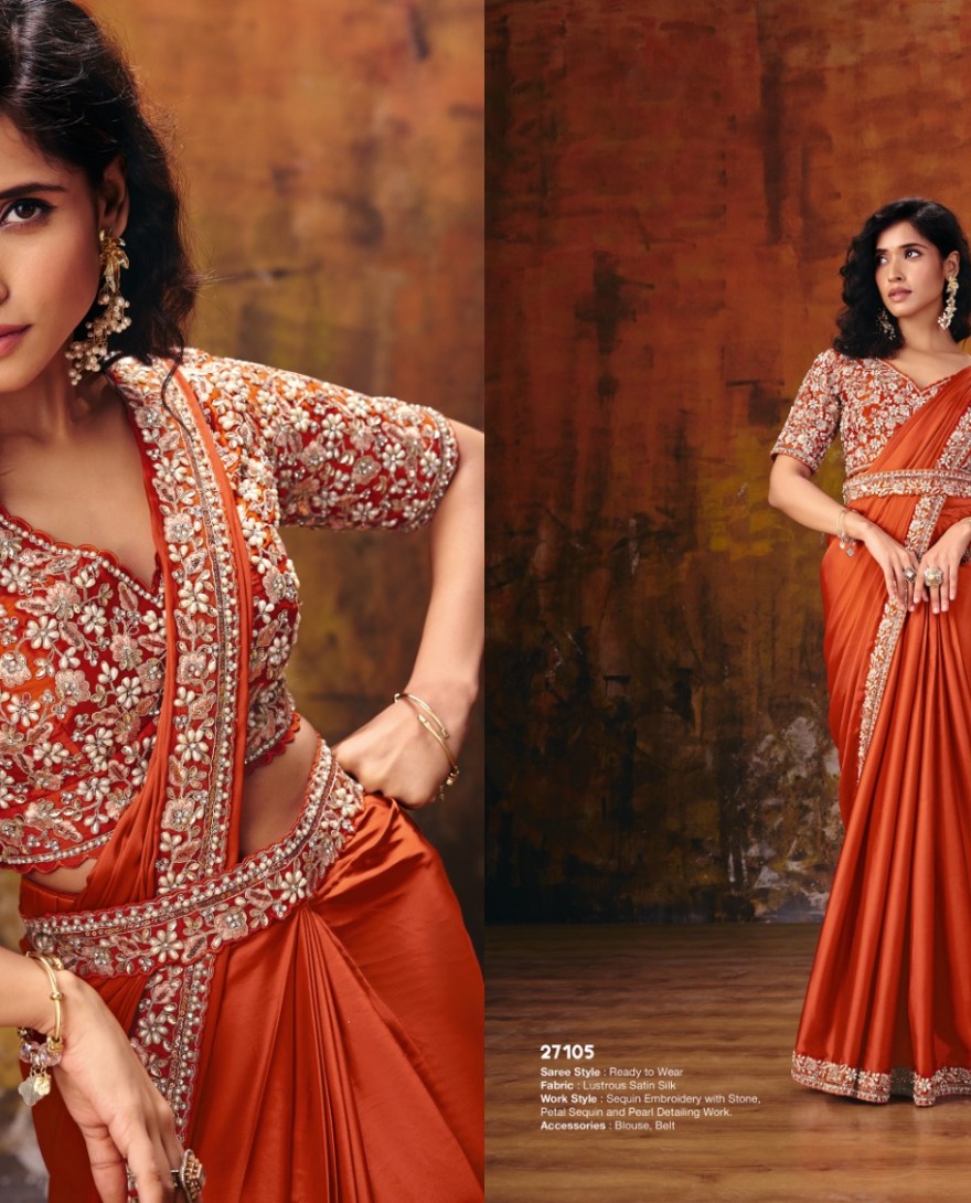 27105 - Orange Embroidered Wedding Party Designer Saree